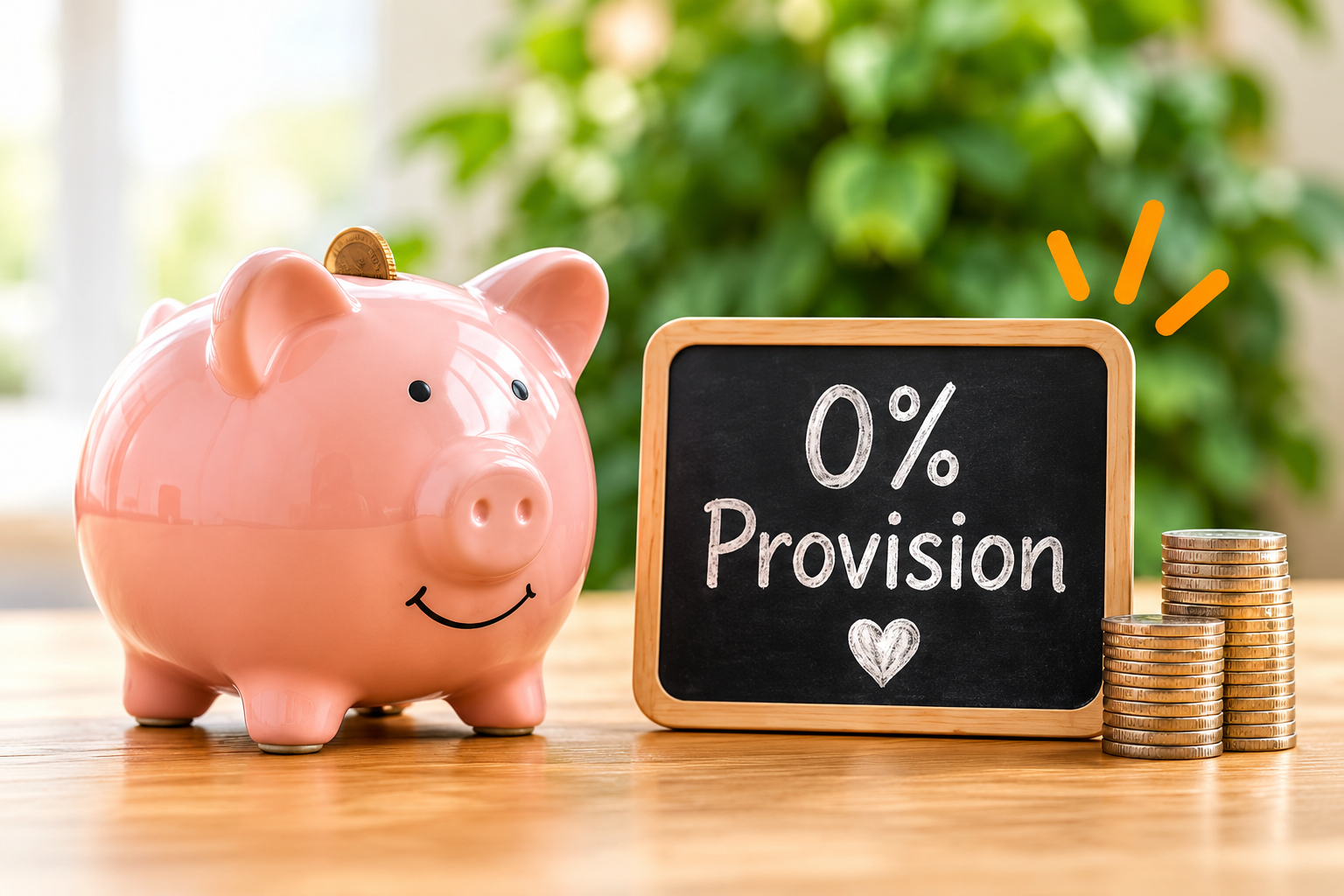 Sparschwein und Tafel mit 0 Prozent Provision